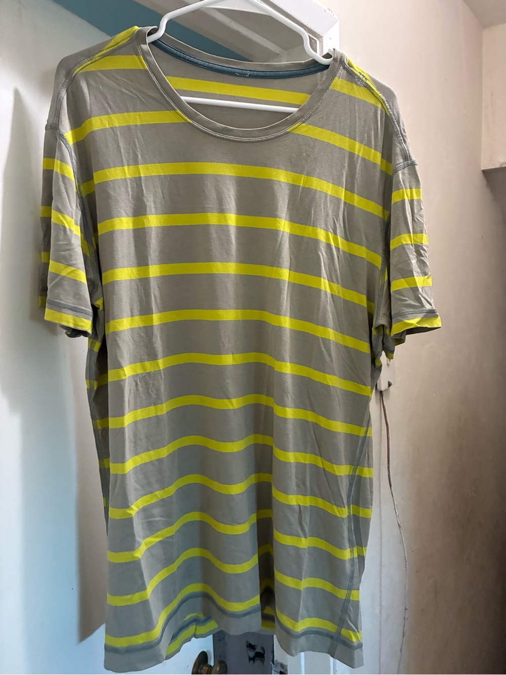 Lululemon Men's Grey & Yellow Striped Short-Sleeve Shirt